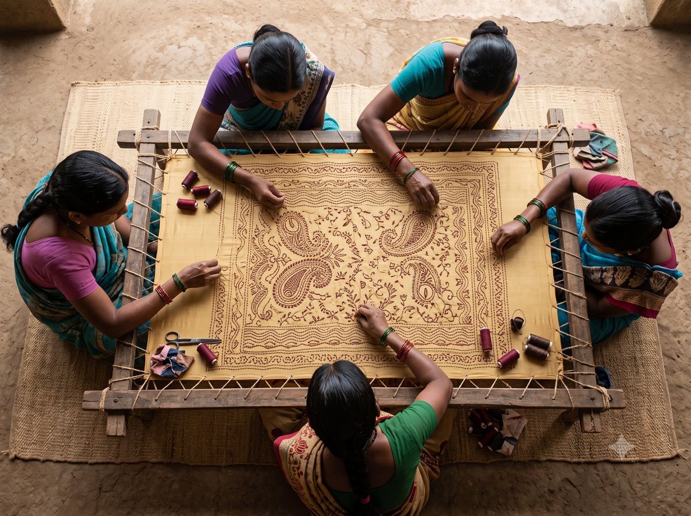 Five women embroidering around one frame