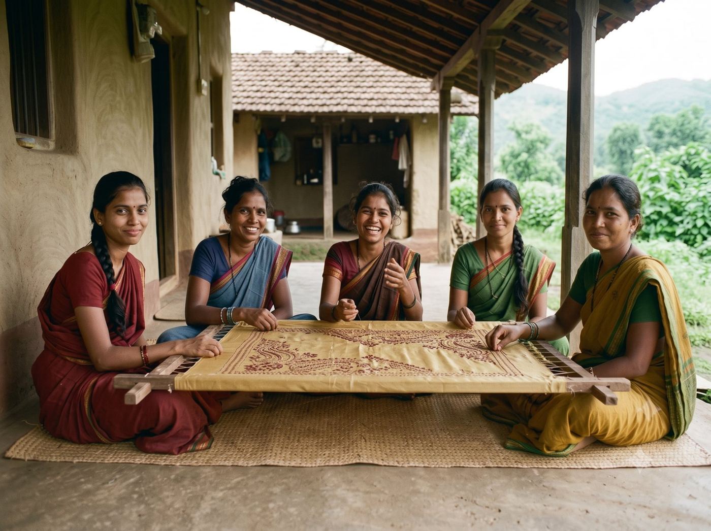 The embroiderers seated around their frame on a verandah