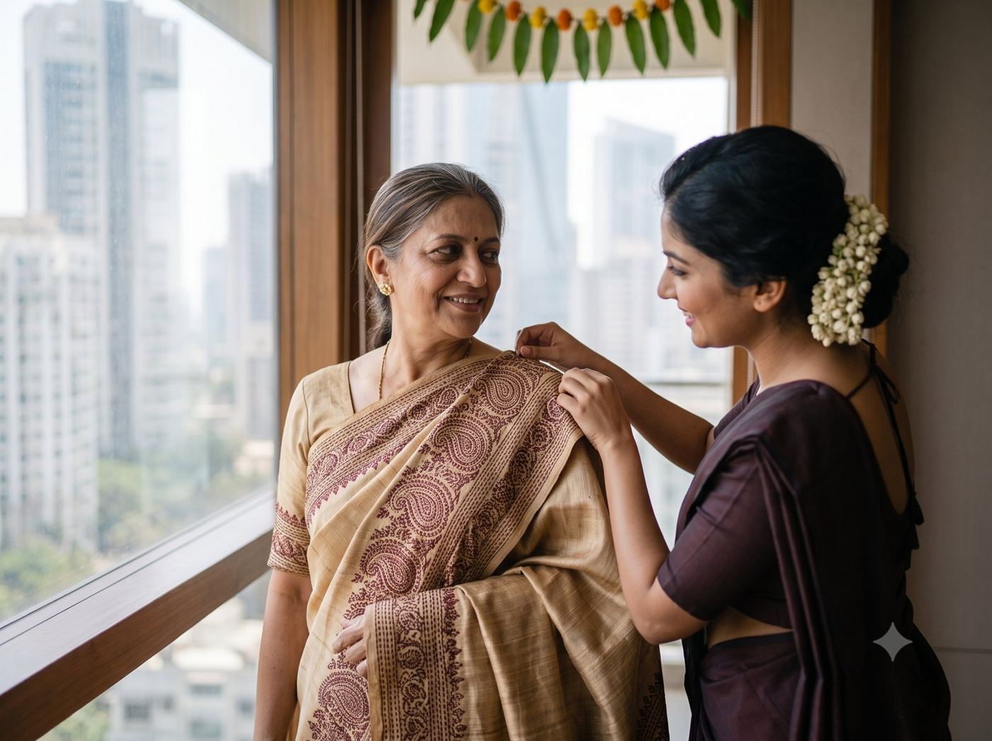 A daughter settling the embroidered Tussar pallu on her mother's shoulder