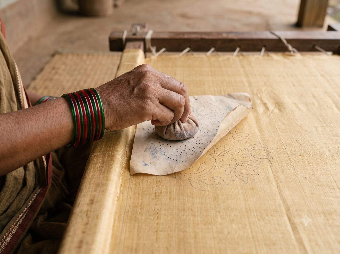 The design being transferred onto the silk